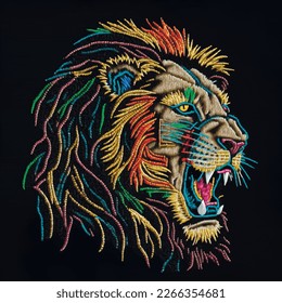 Colorful embroidery majestic lion head pattern background illustration. Tapestry multicolored stitch lines lion design. Bright ornate embroidered stitching texture. Beautiful modern artistic backdrop.