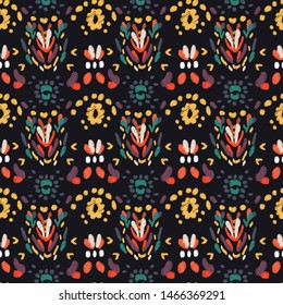 Colorful embroidery on dark background seamless abstract pattern. Ethnic texture , vintage Wallpaper, perfect template for fabrics, interior design, clothing... Vector hand-drawn illustration.