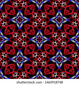 Colorful embroidery oriental vector seamless pattern. Grunge ornamental vintage background. Repeat arabic style tapestry backdrop. Grungy embroidered floral arabesque ornament. Textured flowers, lines