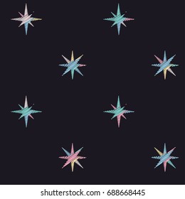 Colorful embroidery stars pattern with machine texture, stitch effect Repeating background illustration with embroidered 8 pointed stars sparkles. Cosmic abstract graphic design.