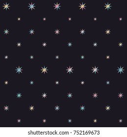 Colorful embroidery stars pattern with machine texture, stitch effect Repeating background illustration with embroidered eight pointed stars sparkles. Cosmic abstract graphic design.