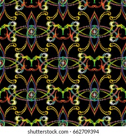 Colorful Embroidery style floral abstract seamless pattern background wallpaper with vintage tapestry grunge arras flowers, tracery leaves and mosaic ornaments.Vector neckline texture. 