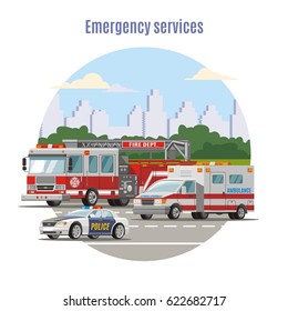 Colorful emergency city transport concept with fire engine ambulance and police cars on road vector illustration