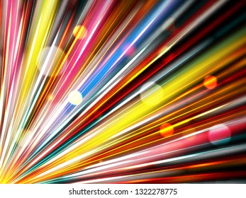 Colorful emerging light beams with bokeh effect. Futuristic motion background.