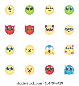 Colorful emoji collection, chat emoticon flat icons set, Colorful symbols pack contains - cartoon smiley face, angry, sad, cry, sleep. Vector illustration. Flat style design