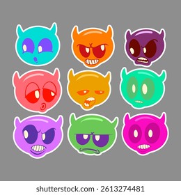 Colorful emoji cute evil set with various expressions