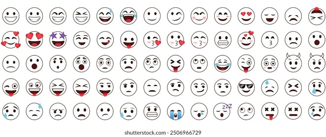 Colorful Emoji Faces Icon Set | 88 Fun and Expressive Cartoon Smileys for Social Media, Messaging, and Digital Communication | Vector Symbols for Emotions, Reactions, and Mood Representation