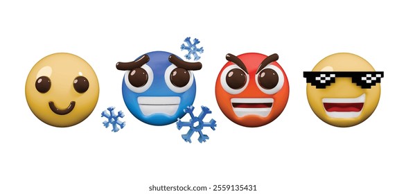 Colorful emoji faces showing various emotions like happiness, anger, confidence, and coldness through unique expressions.