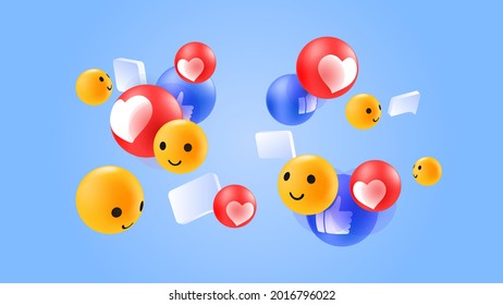 Colorful Emoji Reactions Background. Like, Thumb Up, Smiling Emoticon. Vector illustration