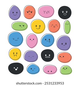 Colorful emoji set faces with different emotions. Round abstract hand drawn vector illustration isolated on white background. Elements for design.