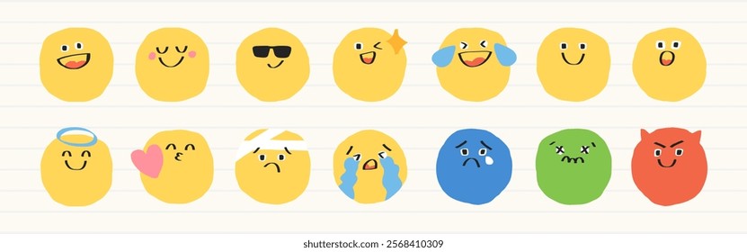 Colorful emoji set with various expressions. Smiling, crying, angry, and more. Cute emoji faces in yellow, blue, green, and red. Expressive emoji designs. Hand drawn cute emoticon set. Vectors.