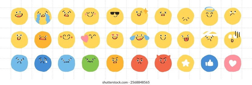 Colorful emoji set with various expressions: happy, sad, angry, surprised. Emotions in yellow circles. Fun, expressive, diverse emoji collection. Hand drawn cute emoticon illustration set. Vectors.