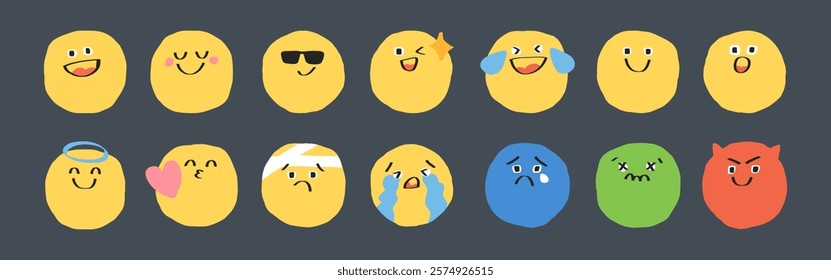 Colorful emoji set with various expressions: happy, sad, surprised, and more. Cute and playful emoji designs for digital communication and fun. Hand drawn cute emoticon illustration set. Vectors.