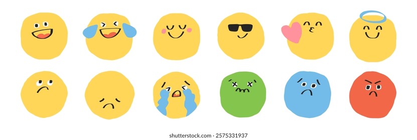 Colorful emoji set with various expressions: happy, sad, crying, laughing, and angry. Emotions displayed in bright, playful, and expressive emoji faces. Hand drawn emoticon element set. Vectors.