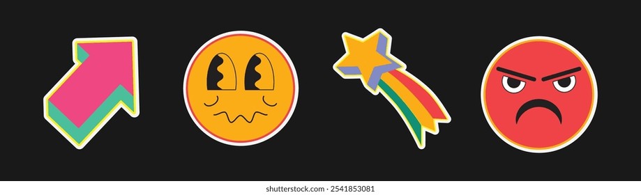 Conjunto de Vector de etiqueta engomada de Emoji colorido con flecha, cara triste, estrella fugaz y expresión enojada perfecto para la comunicación digital y la decoración divertida

