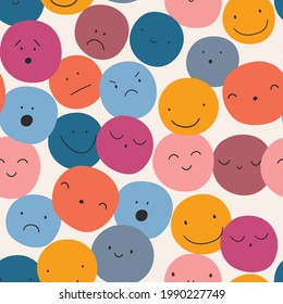 Las emociones coloridas son un patrón sin fisuras. Caras de sonrisa en círculo. Icono de sonrisa vectorial sin problemas. Graciosa ilustración vectorial. Diseño para tela, papel pintado o papel envuelto.