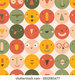Colorful emotions seamless pattern. Funny colorful faces repeat texture. Ideal for kids fabric and nursery wallpaper. vector illustration characters.