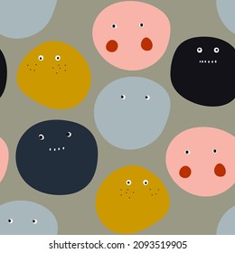 Colorful emotions seamless pattern. Funny colorful faces repeat texture. Ideal for kids fabric and nursery wallpaper. vector illustration characters in hand-drawn naive style.