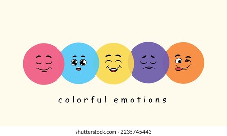Colorful emotions set. Collection of graphic elements for website, poster or banner. Positivity and optimism, emoji for social networks and instant messengers. Cartoon flat vector illustration
