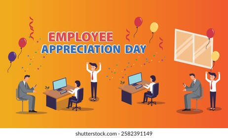 A colorful Employee Appreciation Day banner showing employees celebrating with balloons, confetti, and teamwork in the office, symbolizing success and appreciation.