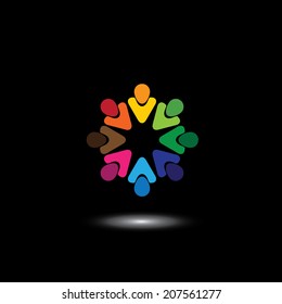 colorful employees & executives together in meetings - vector graphic. This illustration also represents students community, workers union, children playing, excited people, friendship, unity