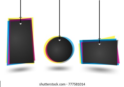 Colorful empty badges, labels, tags, 3d effect CMYK colors 
