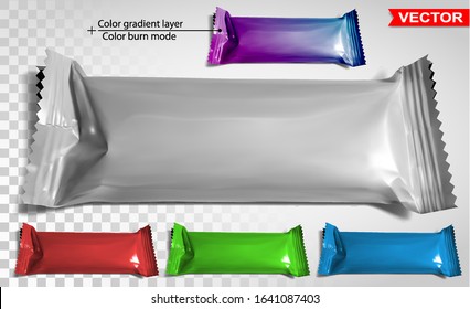 Colorful empty blank polyethylene package. Mockup set for snack product, chocolate bar, sweet stick. Front view. Gradient layered vector packaging.