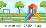 Colorful Empty Childrens Playground Park with Slides Swings Bench Trees and Houses on a Sunny Day