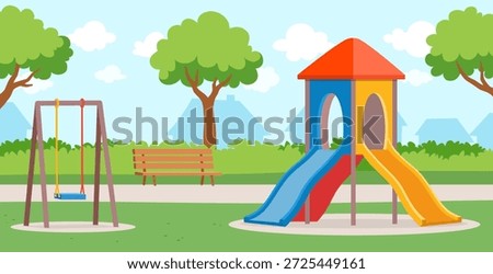 Colorful Empty Childrens Playground Park with Slides Swings Bench Trees and Houses on a Sunny Day