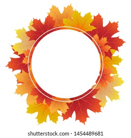 colorful empty circle frame/border decorated with red and yellow maple leaves. Autumn/fall background, template. Perfect for invitations, posters, cards, banners, etc.