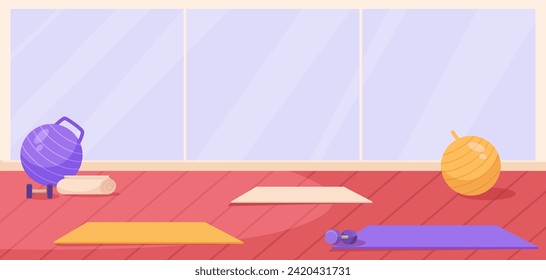 Colorful empty fitness gym interior with exercise mat, ball and dumbbell. Big panoramic window. Concept of studio interior for lessons of yoga, gymnastics, training. Flat Vector illustration