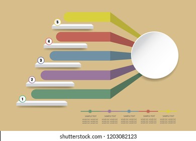 Colorful empty infographic of stairs showing the five steps of process. Color labels converge into an empty white circle  ready for your text.