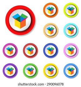 Colorful empty opened cardboard box.