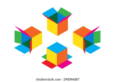 Colorful empty opened cardboard box.