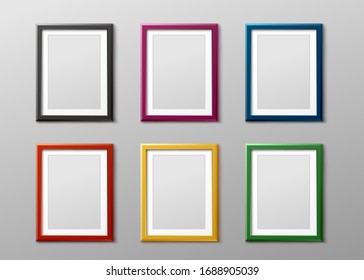 Colorful Empty Photo Frame Set Hanging On Grey Wall - Blank Realistic Mockup Collection. Rectangle Picture Borders For Gallery Exhibition, Vector Illustration.