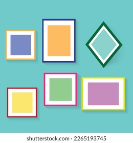 Colorful empty photo frame set hanging on grey wall - blank realistic mockup collection. Rectangle picture borders for gallery exhibition, vector illustration.
