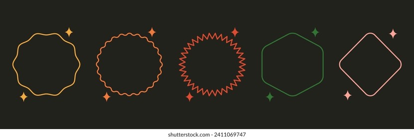 Colorida colección de etiquetas retro-pegatinas vacía. Conjunto de elementos gráficos de estilo divertido y2k. Ilustración del vector