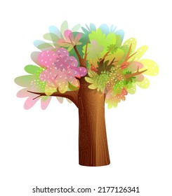 Farbenfroher verzauberter Baum für Kinderdesign. Kinderliche Illustration eines großen Baumes, süßer bunter Waldcartoon. Vektorgrafiken.