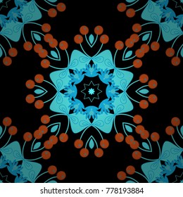Colorful endless background in blue, orange and black colors. Vector ethnic seamless pattern with tribal abstract elements.