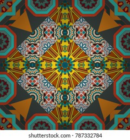 Colorful endless background in gray, blue and orange colors. Vector ethnic seamless pattern with tribal abstract elements.