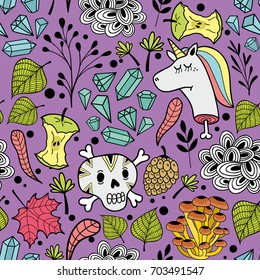 Colorful endless pattern with cartoon skull and dead unicorns. Vector illustration.