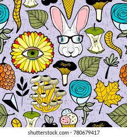 Colorful endless pattern with forest animal and fantastic flowers. Vector seamless wallpaper.