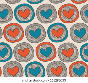 Colorful endless pattern with hearts in circles. Abstract background with many decorative elements. Happy doodle template