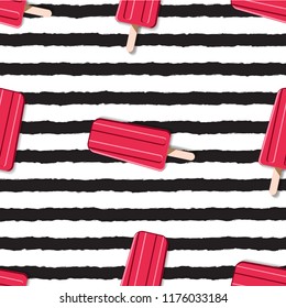 Colorful endless pattern of ice cream on a striped background in pop art style. Pink ice cream on a stick on black stripped background. For cafe, interior print, wallpaper, textile and clothes print