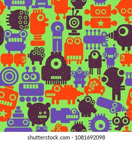 Colorful endless pattern with robots and monsters. Vector illustration in retro style with bright colors.