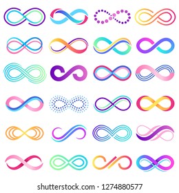 Signo interminable y colorido. Símbolo infinito, tira móvil ilimitada y posibilidades de bucle infinito. Interminable posibilidad abstracta. Conjunto de ilustraciones de signos aislados de concepto de vector