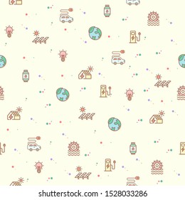colorful energy and ecology seamless pattern. Collection Of solar panels, green energy, solar power, power socket bulb, wind turbine. Template for design fabric, backgrounds, wrapping paper.