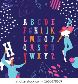 Colorful english alphabet with dancing girls. Capital latin letters drawn with bright colors