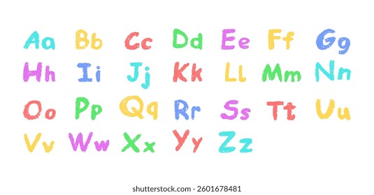 Colorful English alphabet hand-drawn in a crayon. Capital and lowercase letters in chalk, pastel, or wax style. Highlighter effect on board for kindergarten drawing and learning. Vector illustration