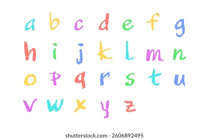 Colorful English alphabet hand-drawn in a crayon. Lowercase color letters in chalk, pastel, or wax style. Highlighter effect on white board for kindergarten drawing and learning. Vector illustration.